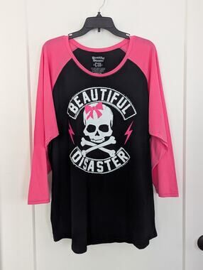 Beautiful Disaster Womens C1X Black/Pink Raglen T-shirt Skull Edgy